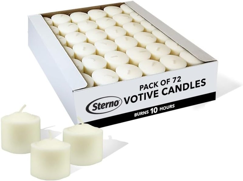 Sterno 72-Pack Votive Candles Bulk Pack - Long Lasting Tea Lights, Burns Up to 10 Hours - Unscented White Votive Candles for Indoors or Outdoors - Use as Party Decor or Centerpiece Table Decorations - Image 1